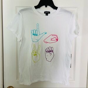 NWT WILDFOX hand love signs colorful clean white cotton shirt SZ small & medium